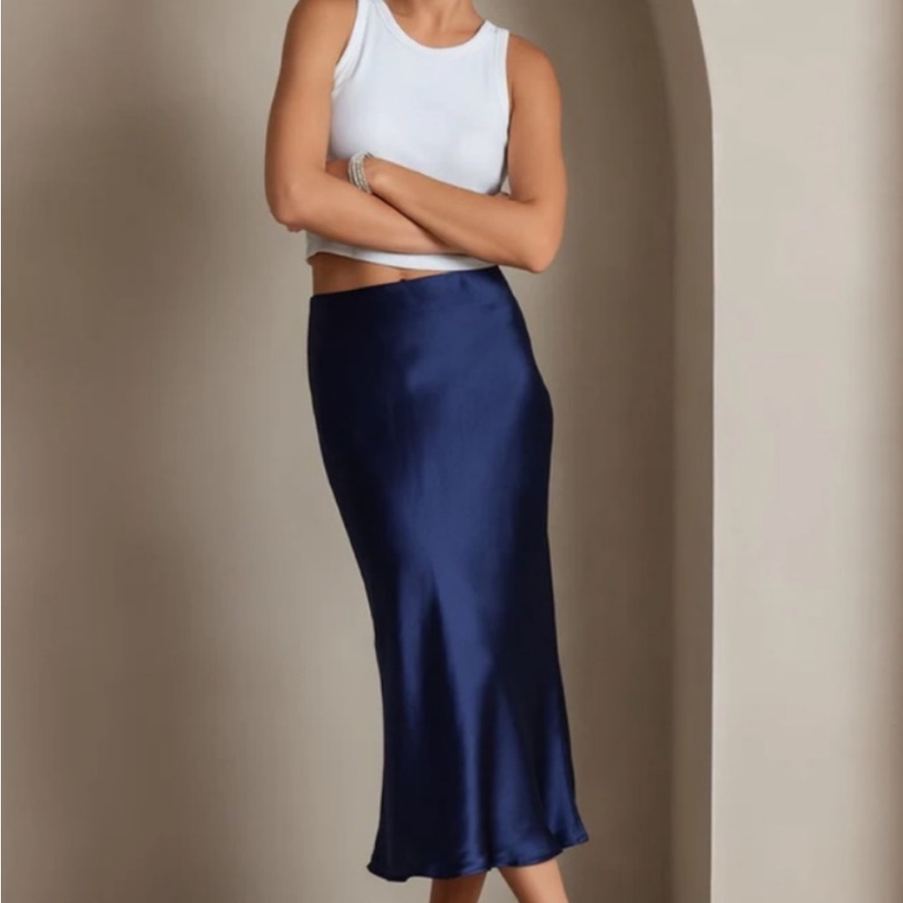 🫐Silk Satin Navy Bias Midi Skirt